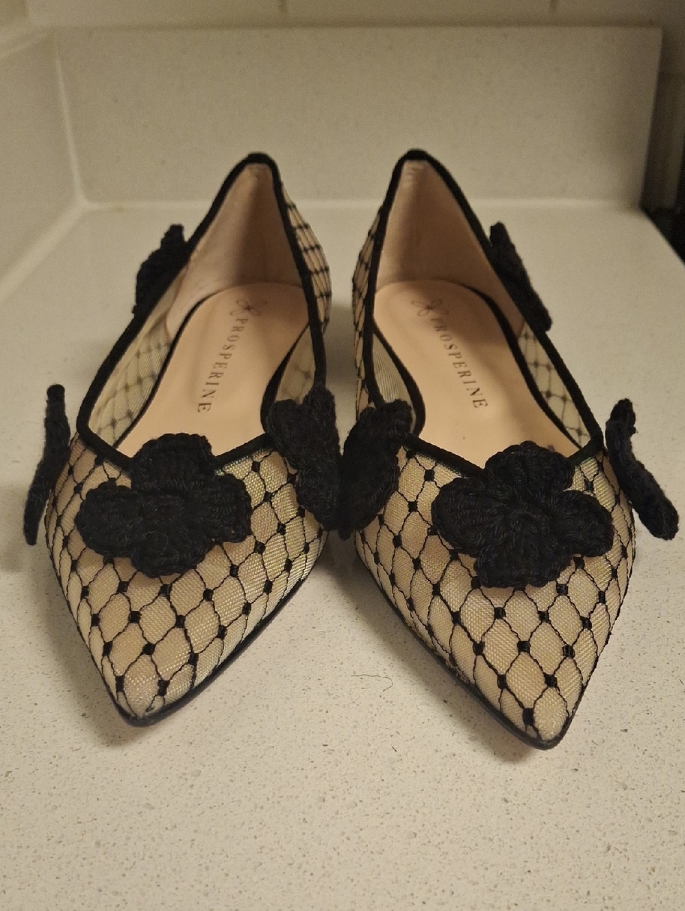 PROSPERINE Beige and Black Pointed-Toe Floral Lace Flats